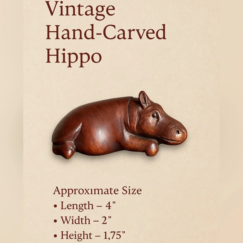 ‼️🌟 Vintage Hand-Carved Wooden Hippo Figurine – Solid Wood Safari Decor 🦛